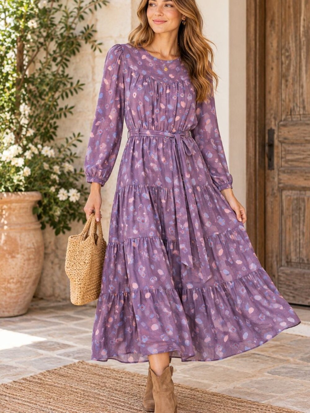 Xirena Purple Printed Midi Dress Size M Boho Cottagecore Tiered Prairie